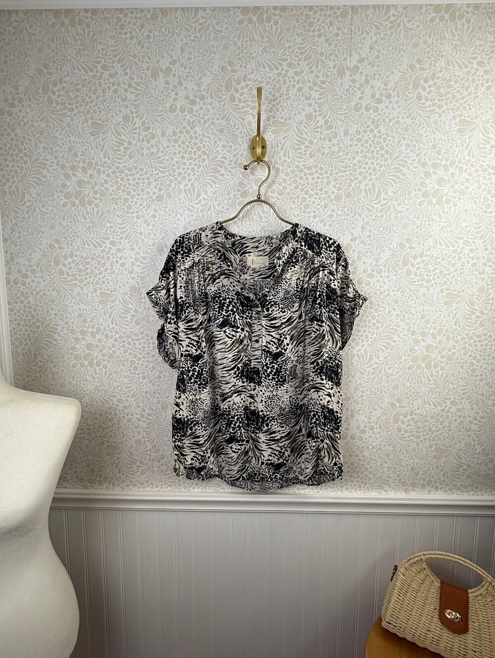 Anthropologie Cream and Green Zebra-Print Spit Neckline Blouse - Size - Large